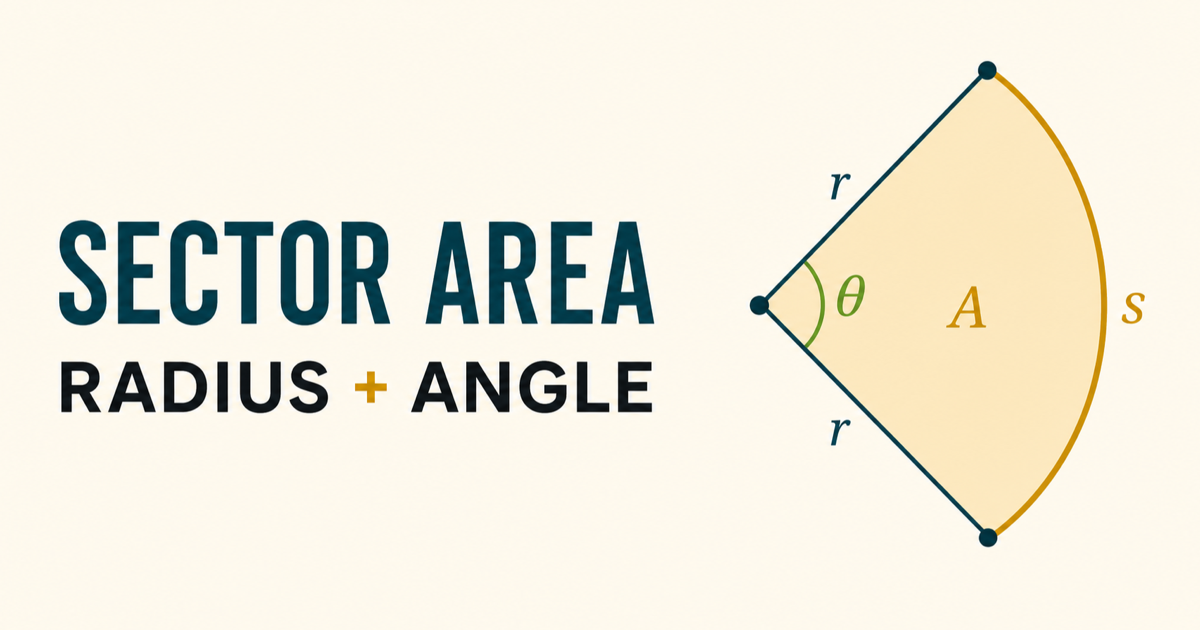 Circular sector diagram labeling radius r, central angle theta, highlighted arc s, and the shaded sector area A